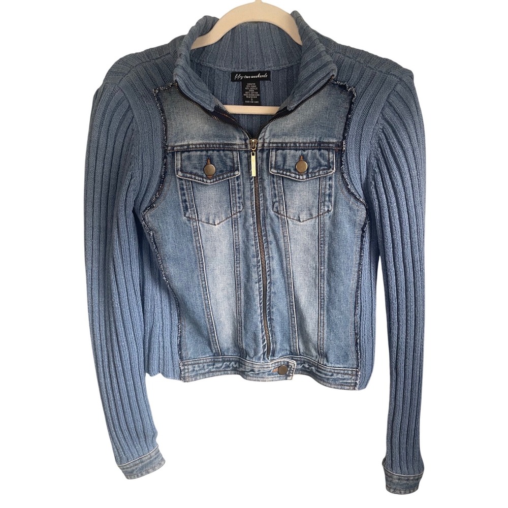 Vintage Y2K Mixed Media Denim Knit Jacket Cropped Ribbed Grunge Sweater S